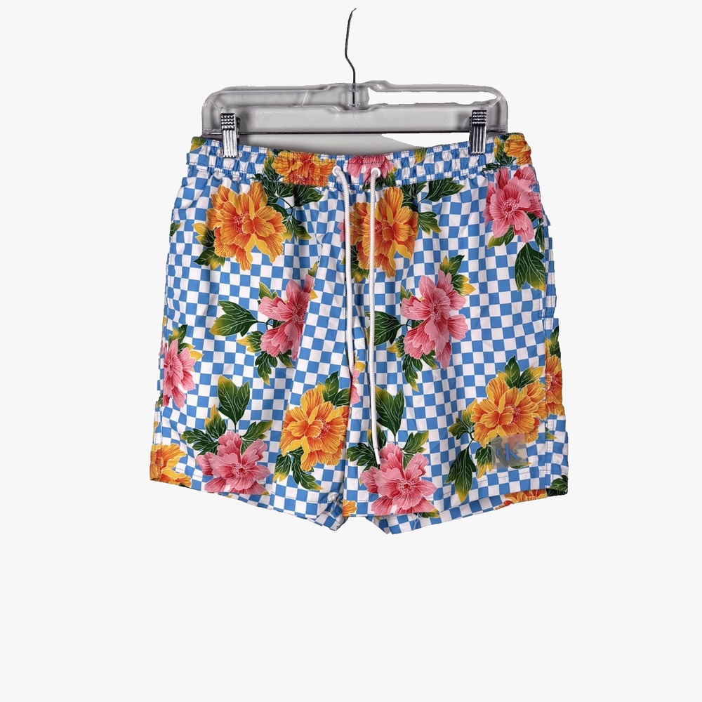 Calvin Klein Men's Swim Trunks Shorts Large Floral Checked Checkerboard Lined